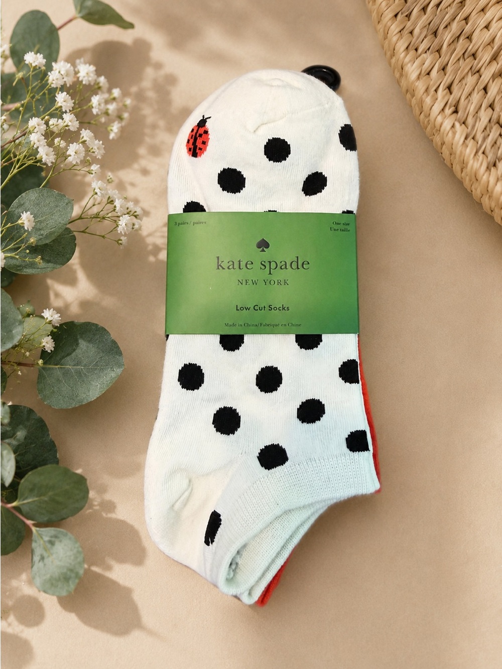 kate spade White Polka Dot Low Cut Socks with Red Ladybug Accent